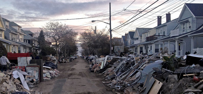 Climate change intensifies the threat to populated coastal areas from storms like Hurricane Sandy.