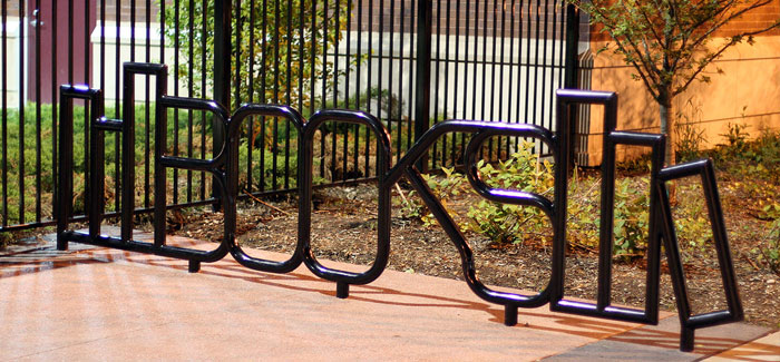 A book-themed bike rack outside Chicago’s Bucktown-Wicker Park Library