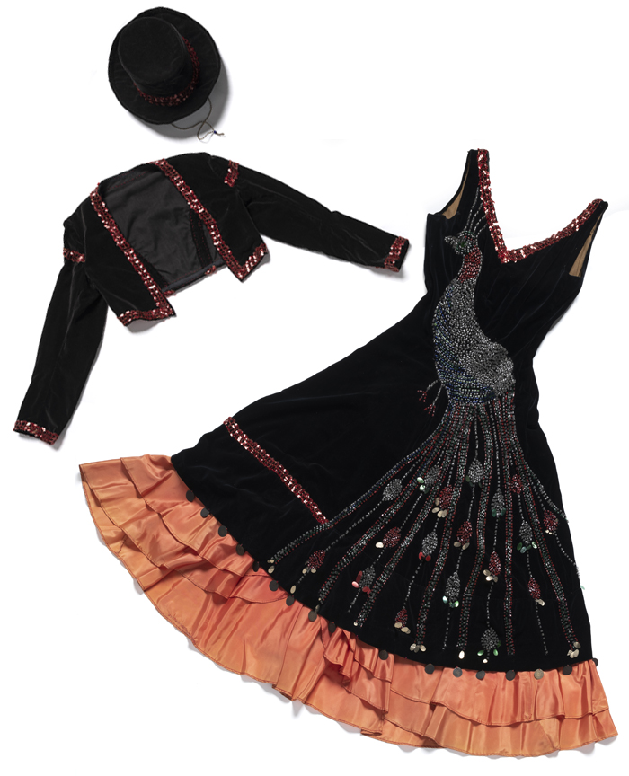 Velvet flamenco costume with hand-beaded peacock