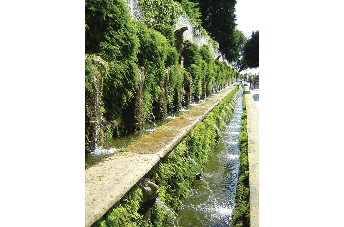 The Avenue of One Hundred Fountains, gravity-powered Renaissance waterworks at the Villa d’Este in Tivoli, Italy