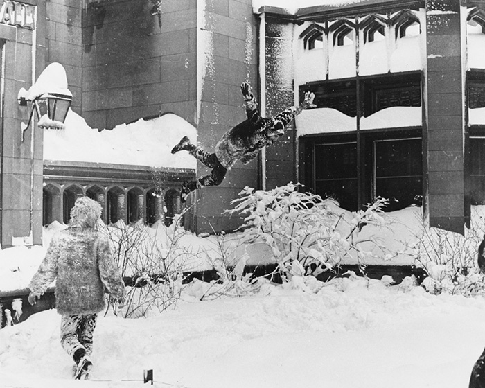 UChicago campus photo of students enjoying the 1967 snowfall