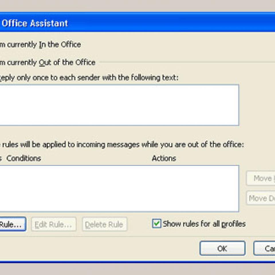 Microsoft Outlook’s “Out of Office Assistant” pop-up window.