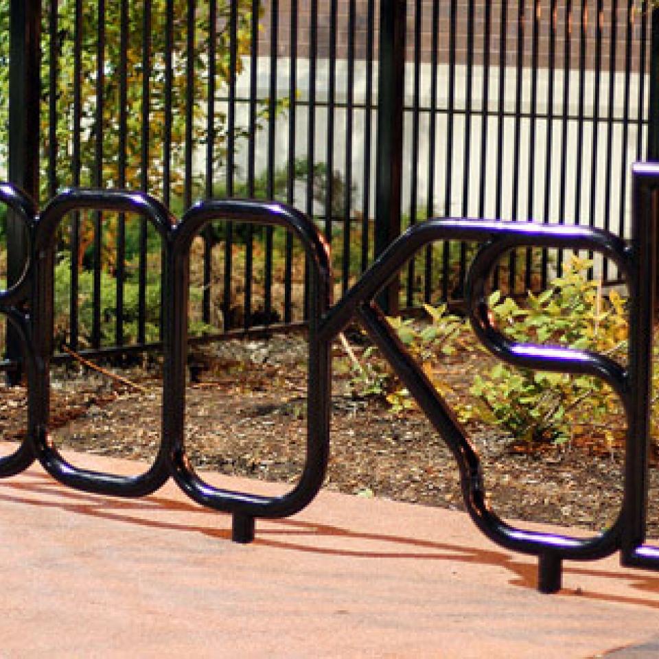 A book-themed bike rack outside Chicago’s Bucktown-Wicker Park Library