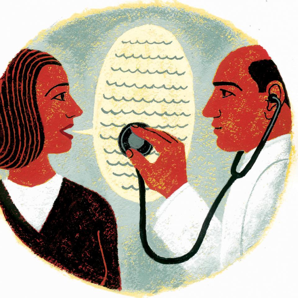 Illustration of a doctor listening to a patient