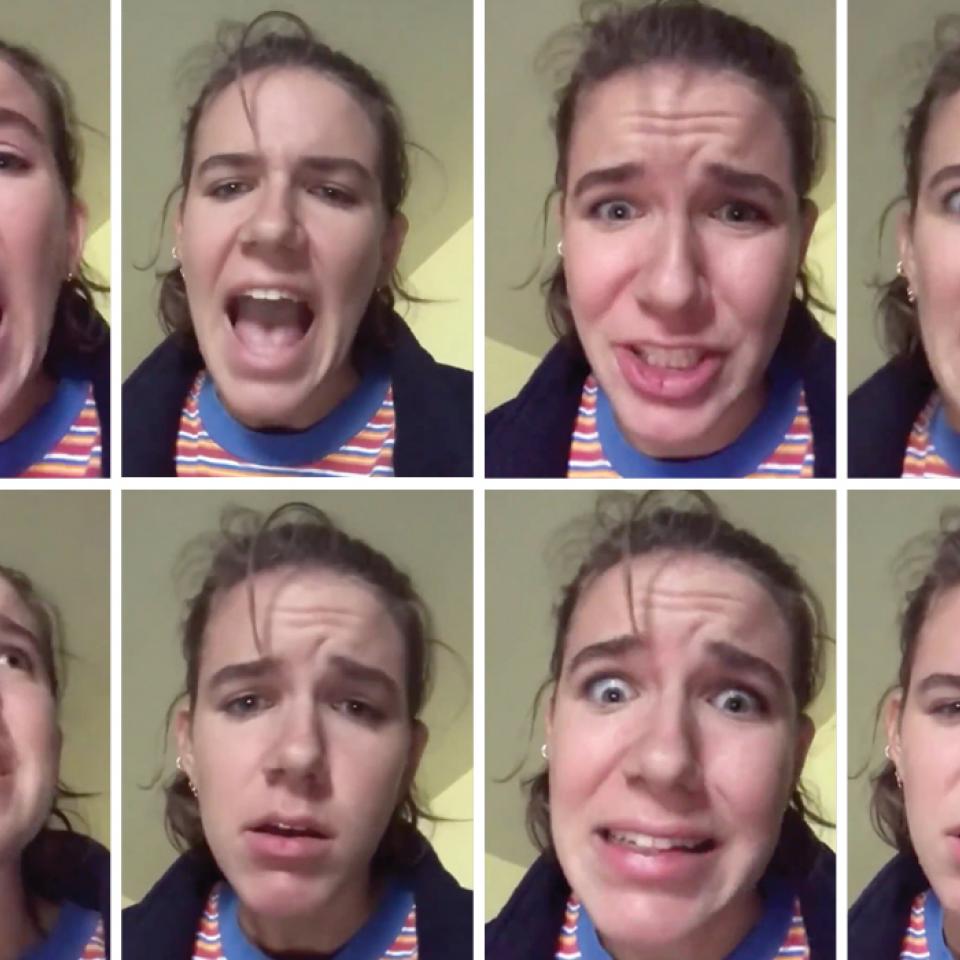 Video stills of Liv Pierce's Twitter spoof of Broadway musicals