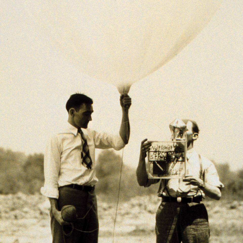 Weather researchers releasing a radiosonde on a balloon (c 1947)