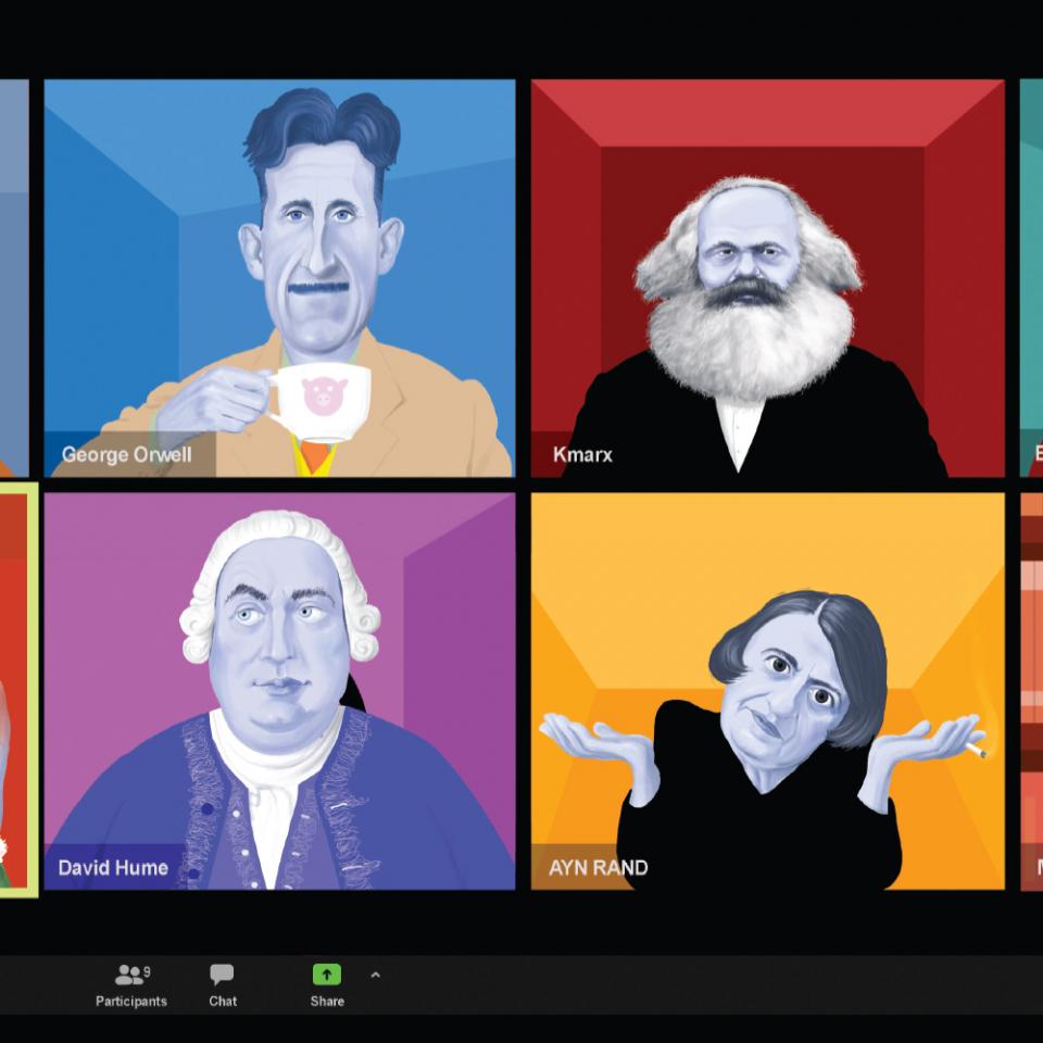 Illustration of historical philosophers participating in Zoom classroom