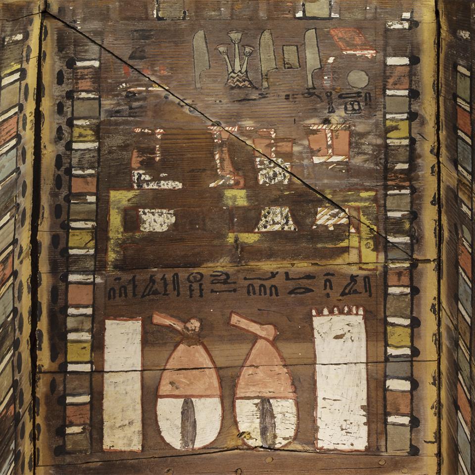 The interior of the coffin of Egyptian army commander and scribe Ipi-Ha-Ishetef is decorated with items the deceased would need in the afterlife, such as food, jewelry, and weapons.