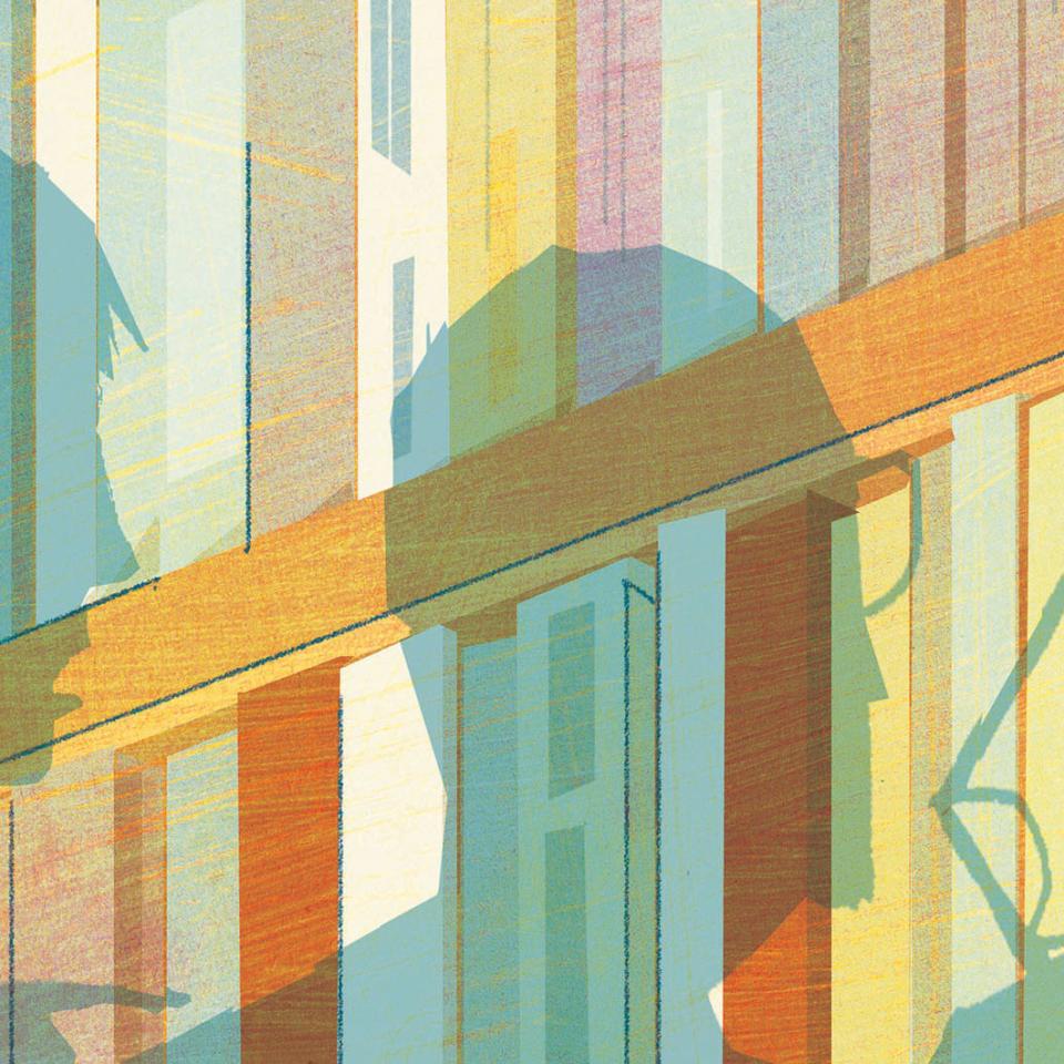 Illustration with people's silhouettes in front of a bookshelf