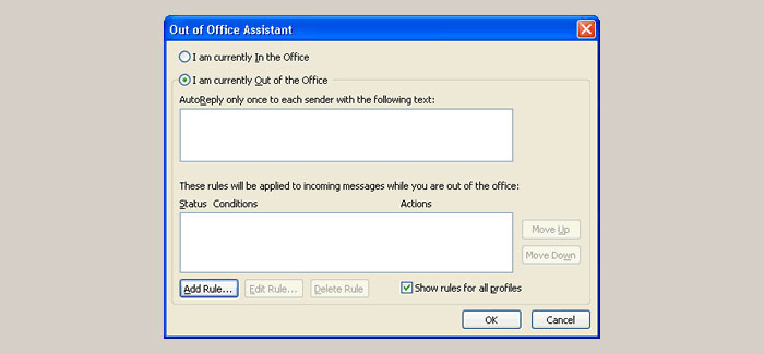 Microsoft Outlook’s “Out of Office Assistant” pop-up window.