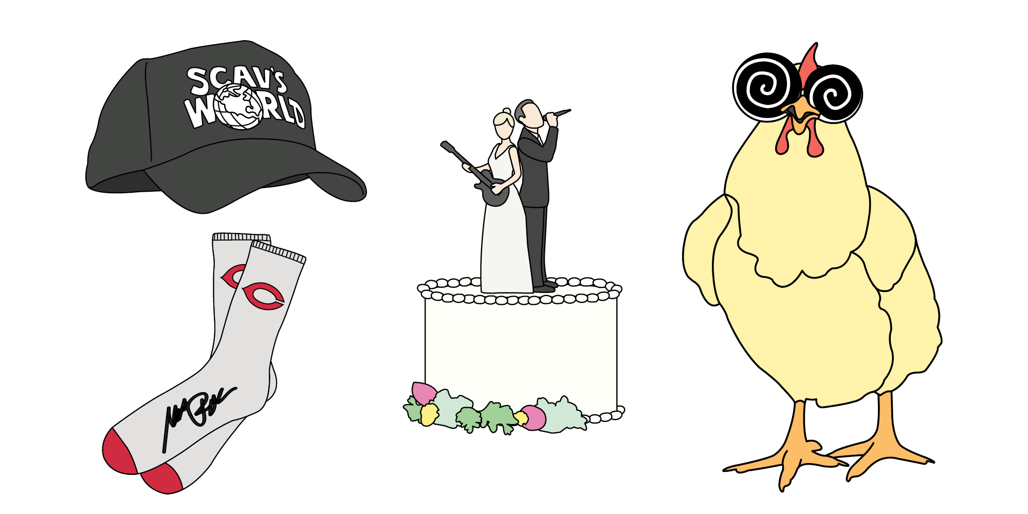 Illustrations of a hat, socks, a wedding cake top tier, and a hypnotized chicken