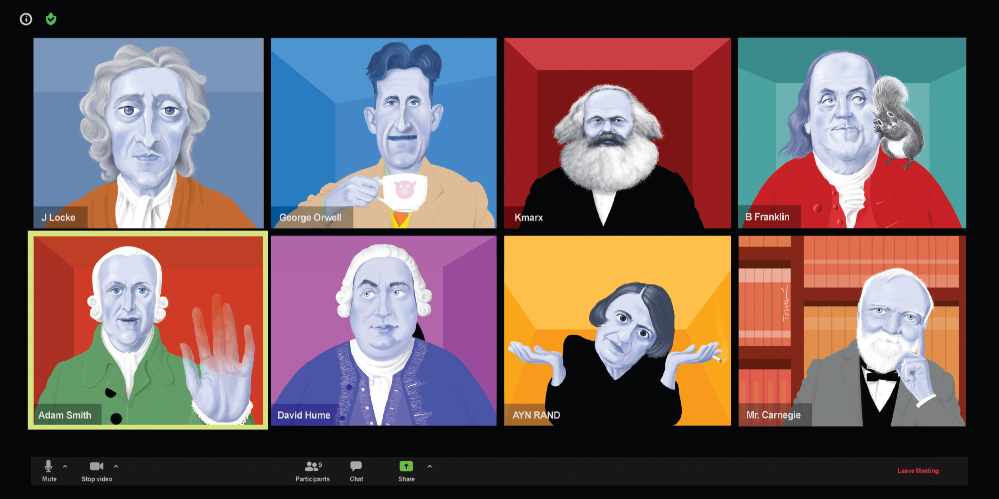 Illustration of historical philosophers participating in Zoom classroom