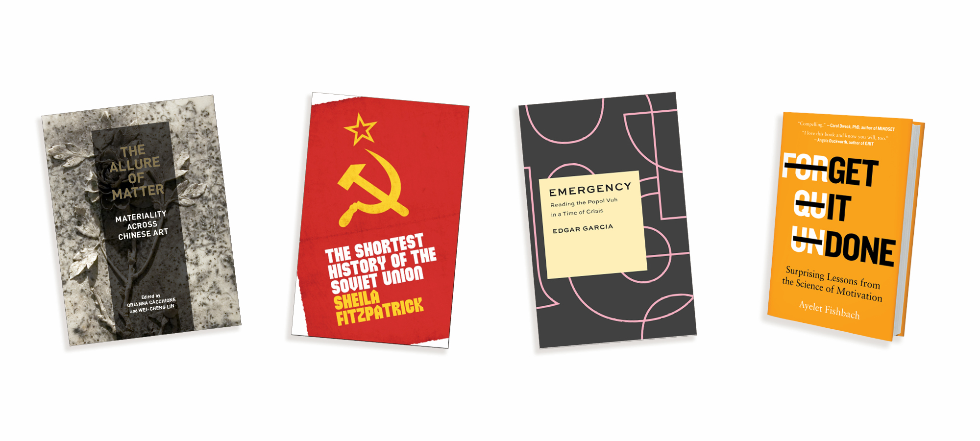 Book covers for “The Allure of Matter,” “The Shortest History of the Soviet Union,” “Emergency,” and “Get It Done”