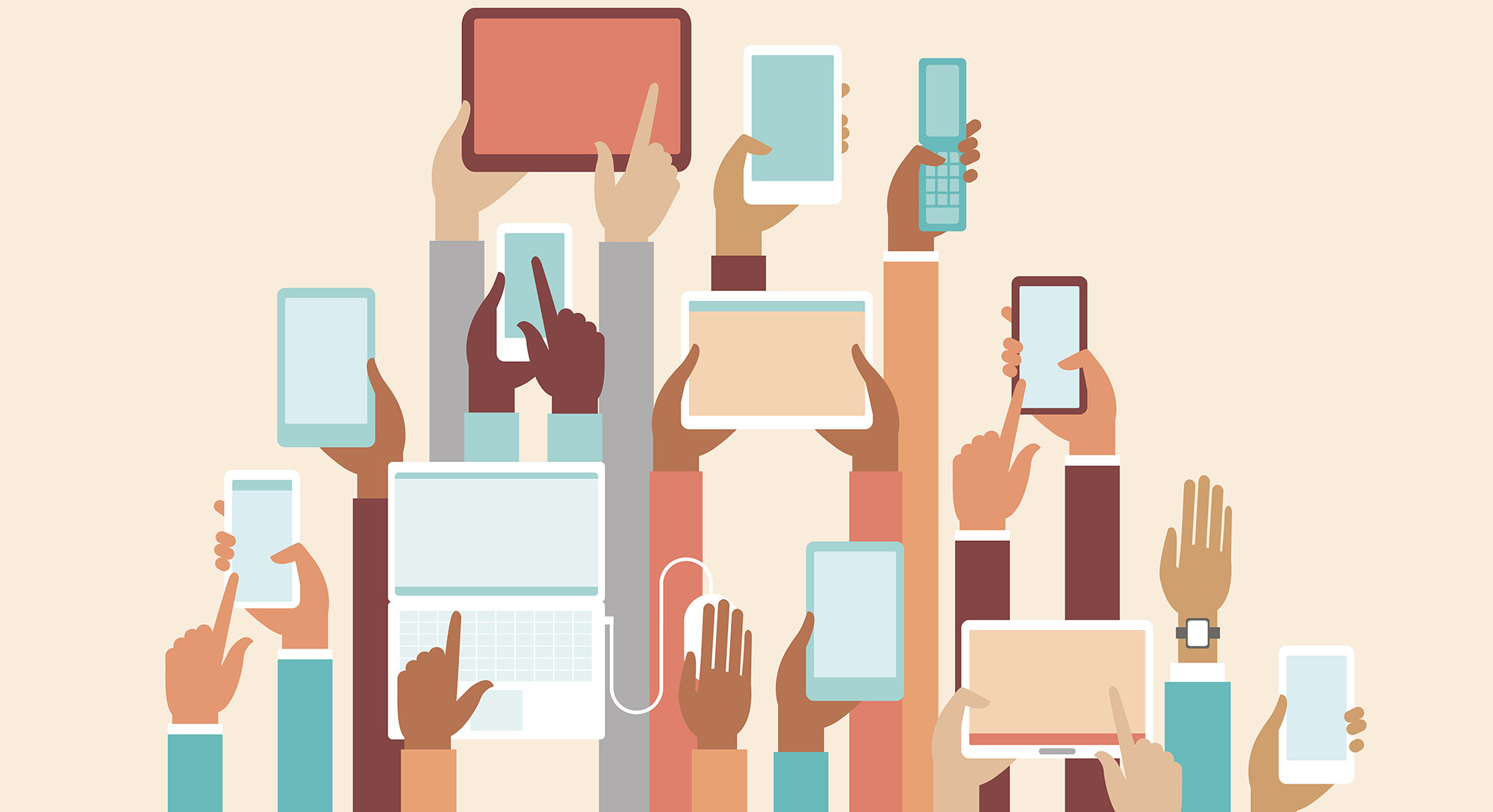 Illustration of hands holding up multiple portable digital devices