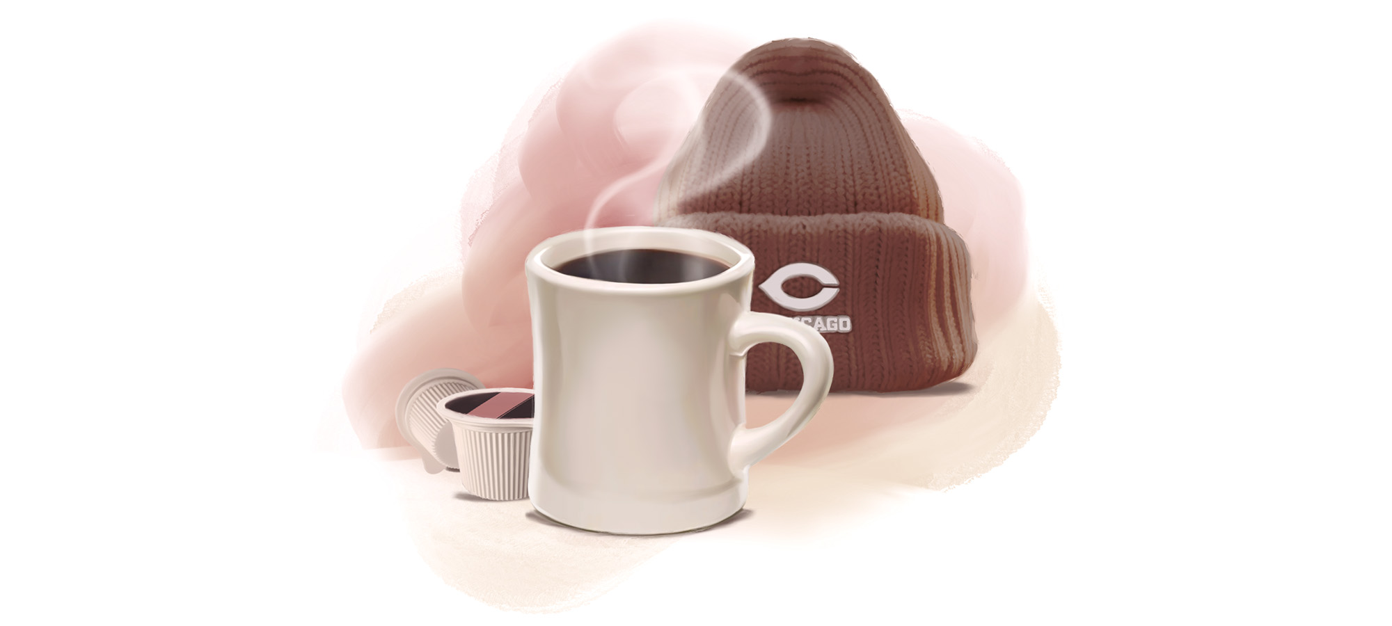 An illustration of a UChicago knit hat behind a steaming cup of coffee 