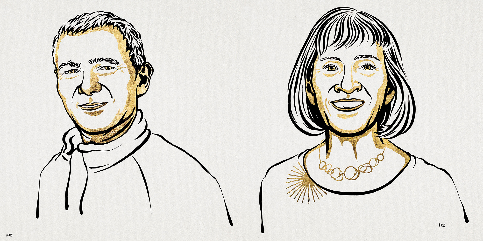 Illustrated portraits of Moungi Bawendi and Claudia Goldin