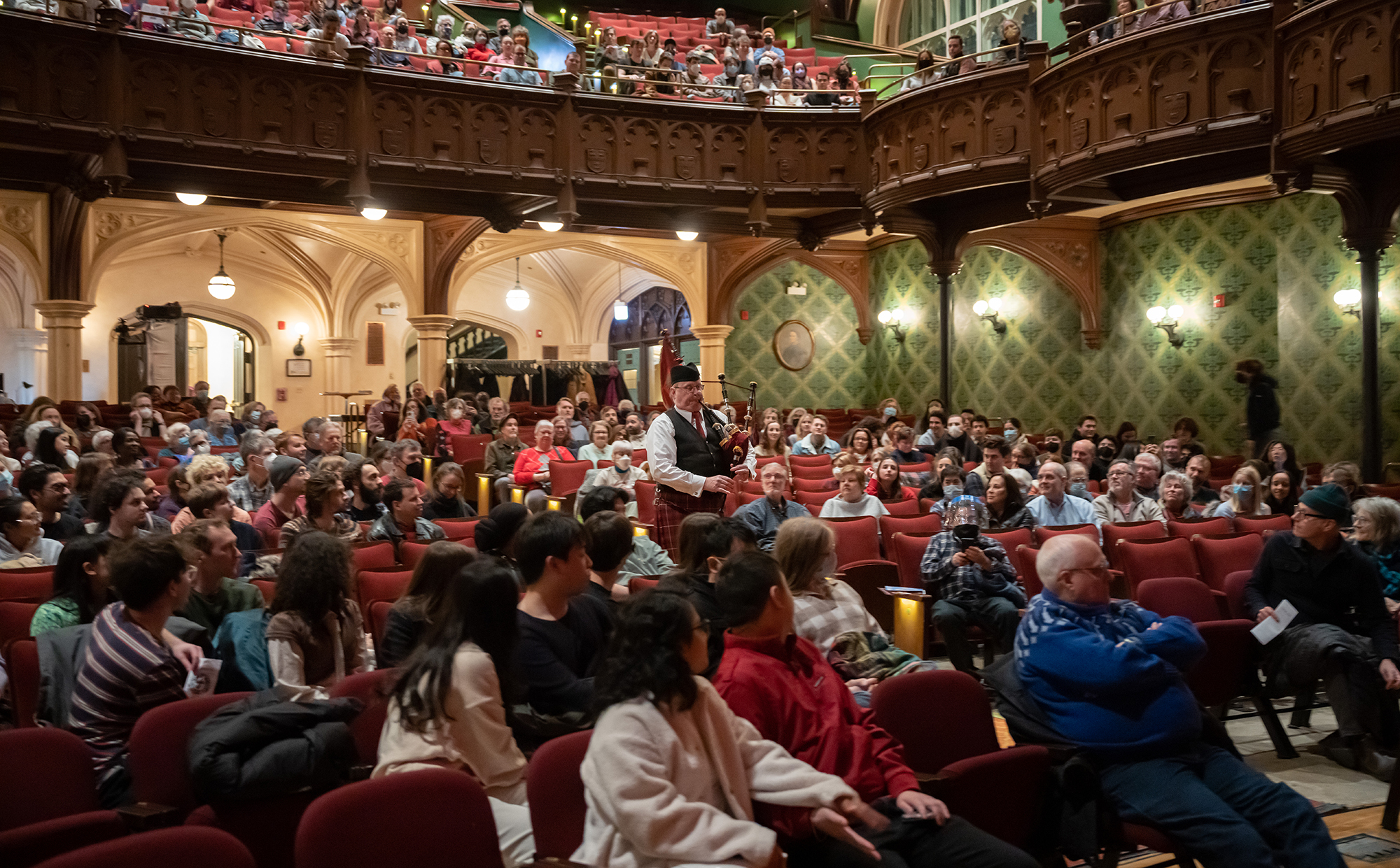 The bag pipe procession in Mandel Hall opening Folk Festival 2023