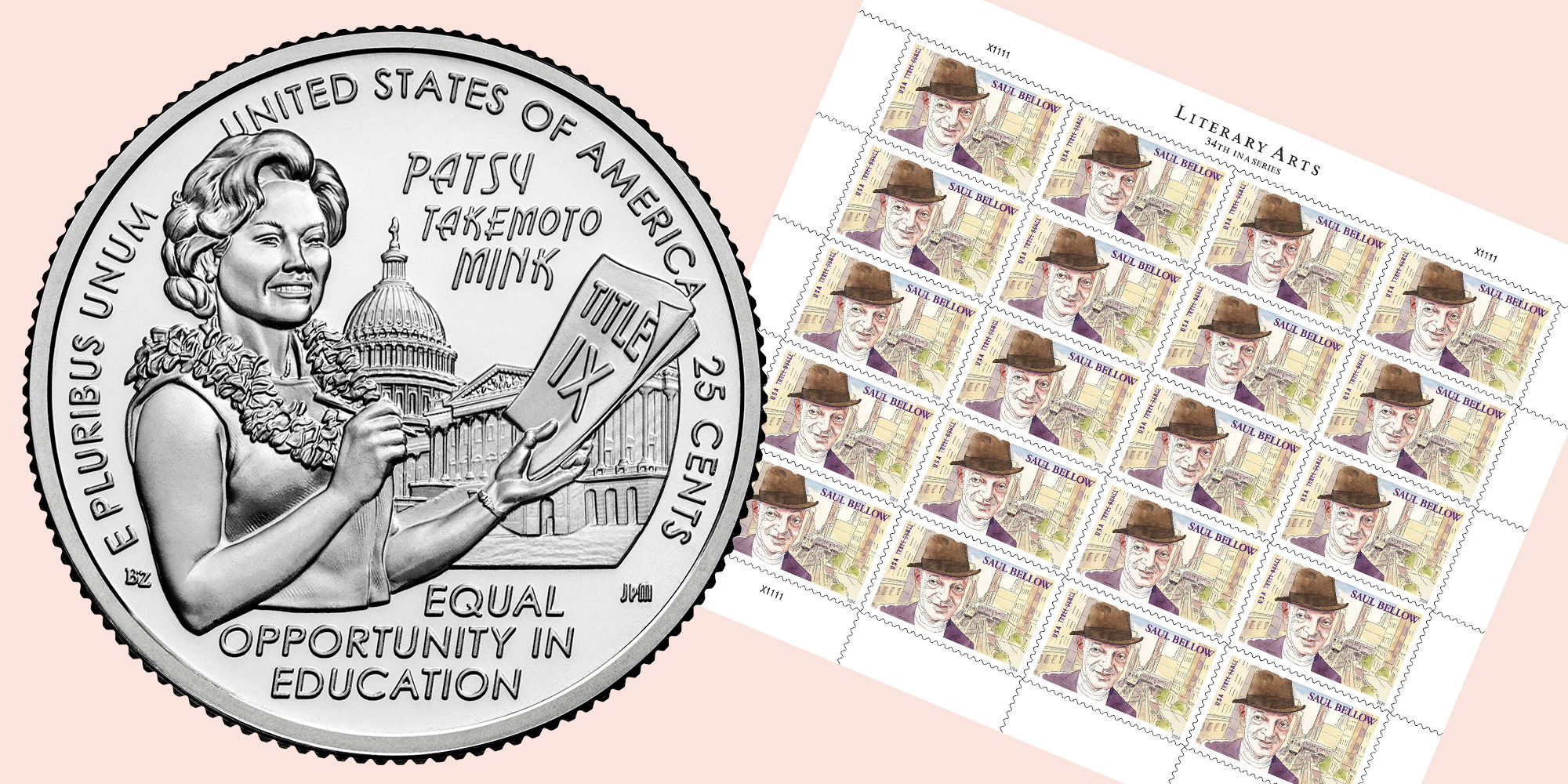 The new quarter featuring Patsy Mink and a sheet of Saul Bellow US postage stamps