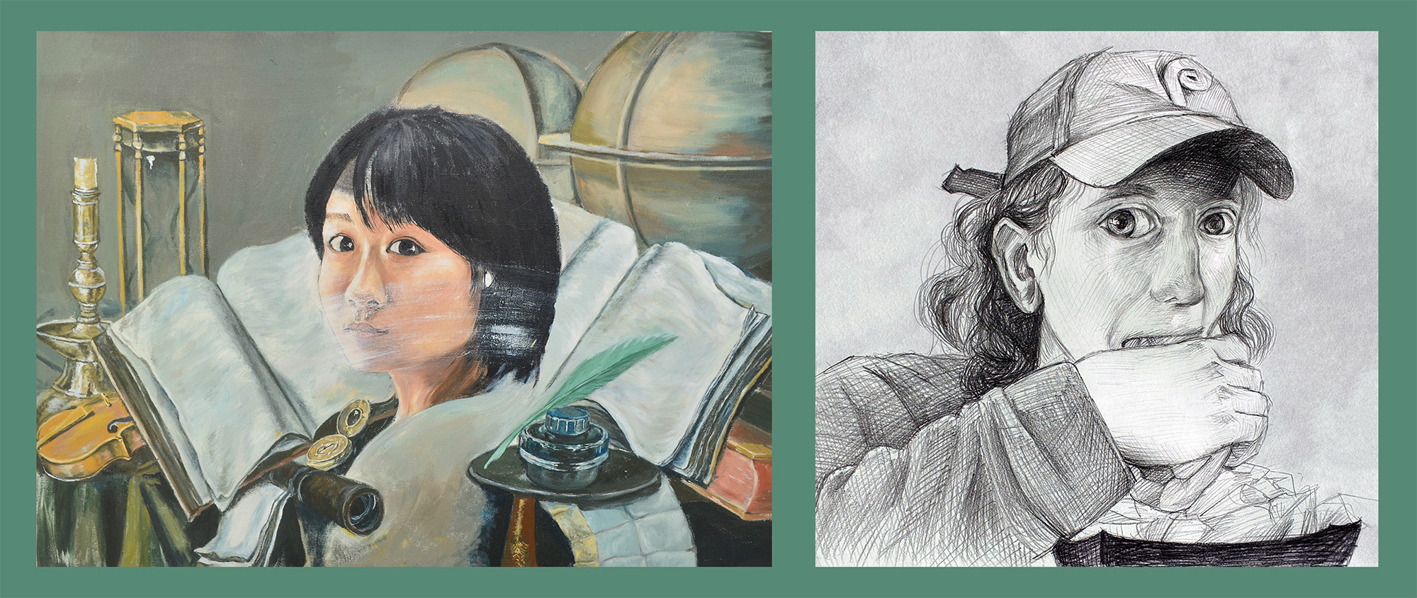 Two side-by-side portraits in different artistic styles: the left image is a detailed painting featuring an individual surrounded by scholarly objects such as an open book, an inkwell with a quill, a violin, a brass candlestick, and globes in the background; the right image is a black-and-white sketch of a person wearing a cap with curly hair visible, eating a hot dog.