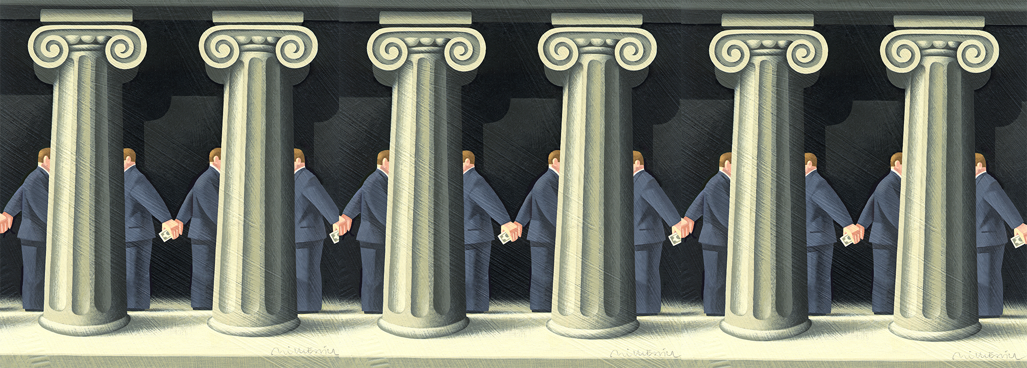 Pillars with people behind them wearing suits and passing money to each other.