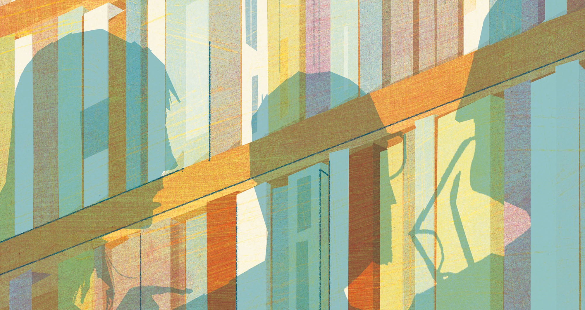 Illustration with people's silhouettes in front of a bookshelf