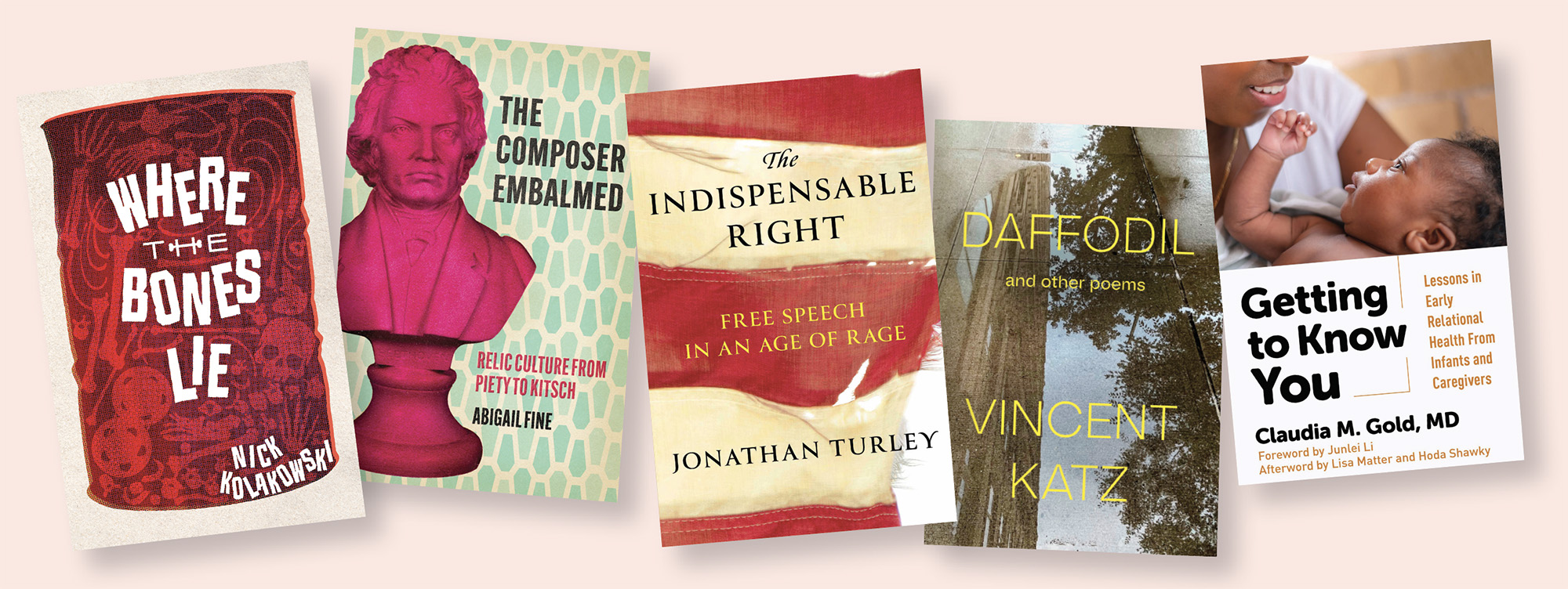 Covers of five books on a pink background