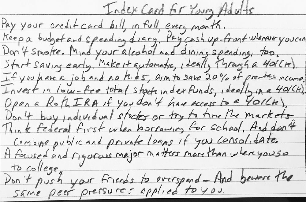 Index Card for recent grads