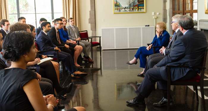 Students with Madeleine Albright and Chuck Hagel