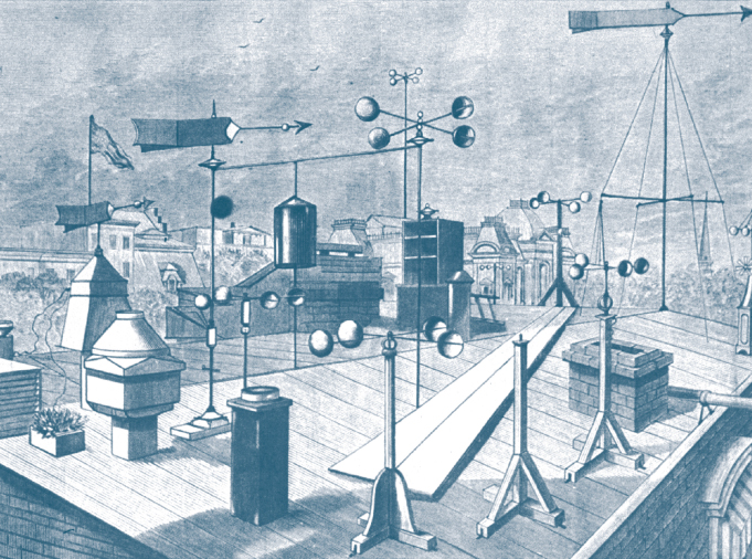 Illustration of various rooftop meteorological wind instruments