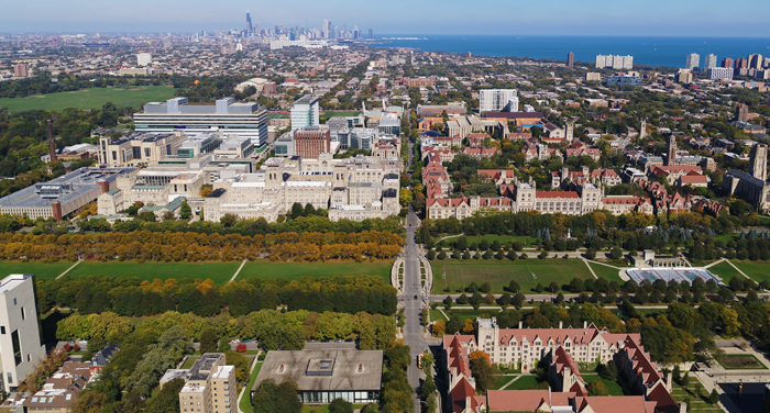 Aerial view of the UChicago campus looking north toward the loop