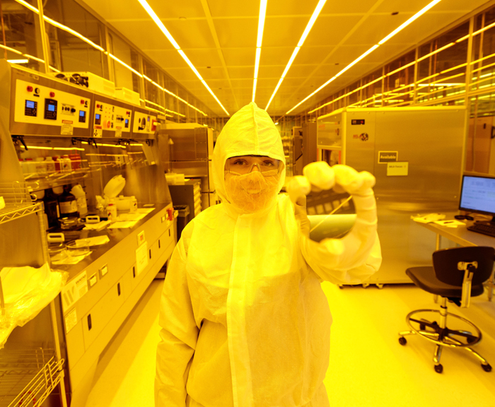 A student in the Pritzker Nanofabrication Facility in the William Eckhardt Research Center
