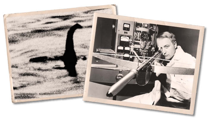 1934 photo of Nessie; Roy Mackel with his biopsy harpoon