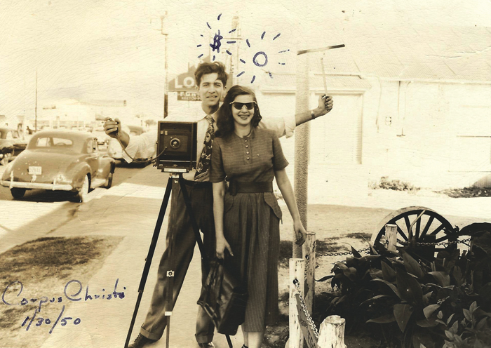 1950 self-portrait of Charles and Irene Custer in Corpus Christi, Texas, on Route 66