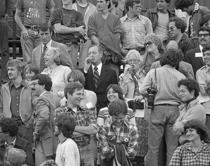 Hanna Holborn Gray; Chicago mayor Michael Bilandic; and his wife, Heather Morgan in the stands at Stagg Field in 1978