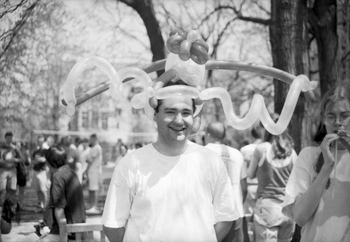 A student at the 1996 Summer Breeze festival sports a balloon hat and clown nose.