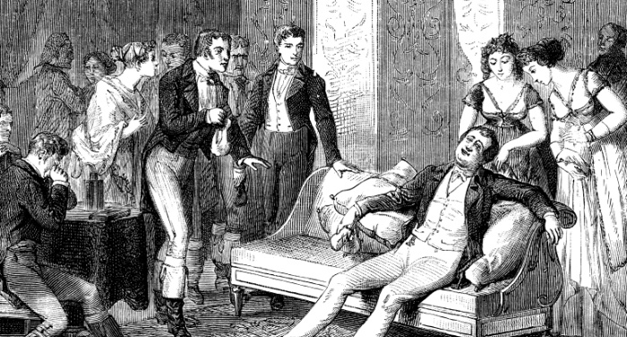 Illustration of an early experiment with laughing gas