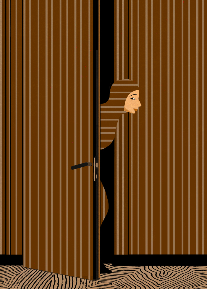 Illustration of a person outside a partially open door; the room is decorated with vertical strips, the person is wearing matching but horizontal stripes