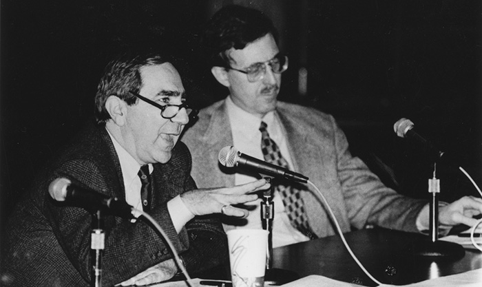 Hugo Sonnenschein (left), president of the University of Chicago (1993-2000), and John Boyer (right), the Martin A. Ryerson Distinguished Service Professor of History and dean of the College