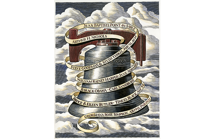 An illustration of one of the new Mitchell Tower bells with a ribbon listing several of the new bell engravings