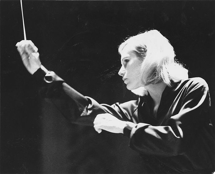 Barbara Schubert leading the UChicago Symphony Orchestra in the 1980s