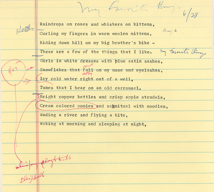 draft lyrics of Oscar Hammerstein's My Favorite Things