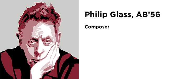 Illustrated portrait of Philip Glass, AB'56