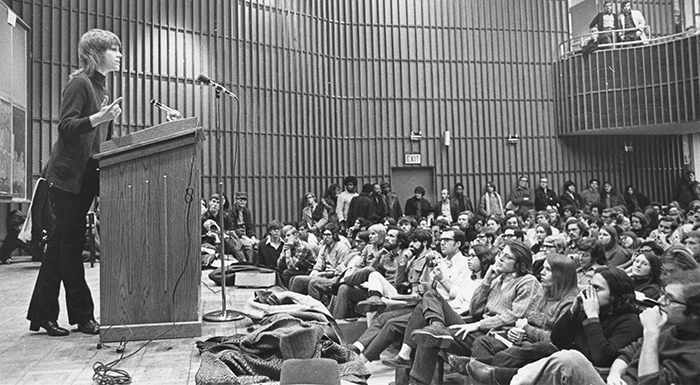 Jane Fonda speaking at Doc Films in 1971