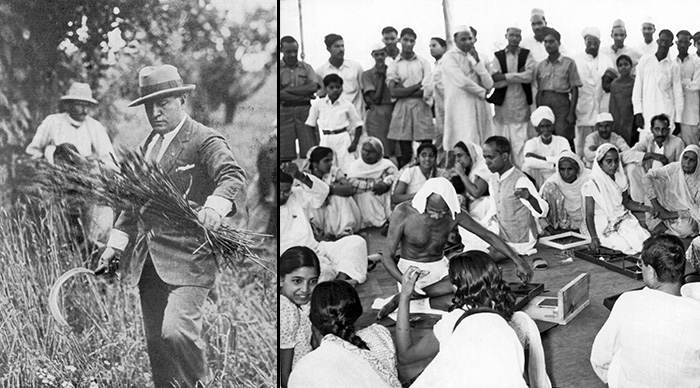 Mussolini harvesting wheat and Gandhi spinning