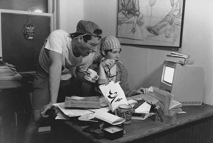 Students modeling the "finals week" look in 1991