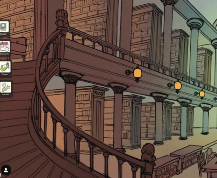 screen shot of a scene from the multimedia role-playing game Haven showing a two story ornate library