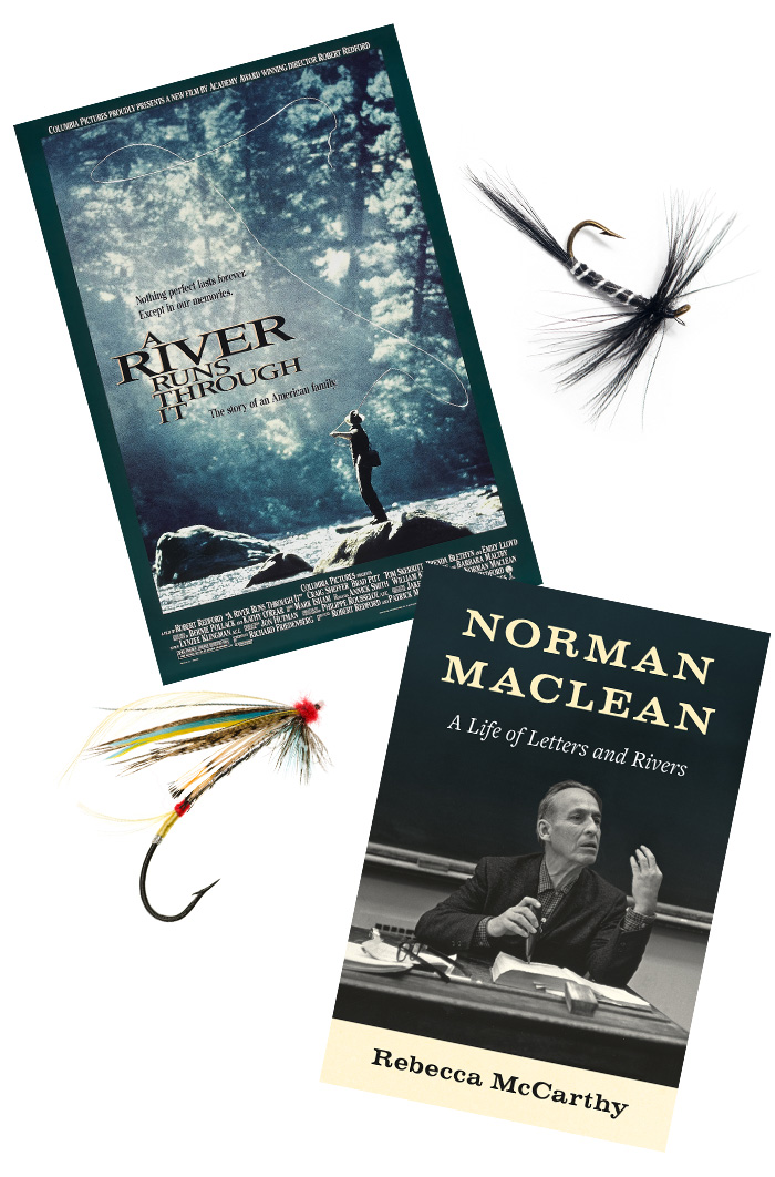 A River Runs Through it movie poster and the book cover of Norman Maclean: A Life in Letters along with two fly fishing lures