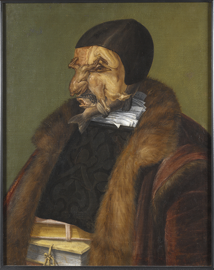 Giuseppe Arcimboldo’s painting The Jurist uses an arrangement of a fish’s mouth, a bird’s backside, and turkey flesh to appear as a human face. 