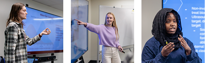 Three photos of students giving final class presentations with PowerPoint slides behind them