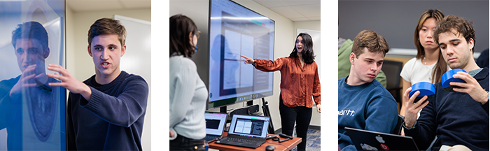 Three images of students giving final presentations with PowerPoint slides behind them